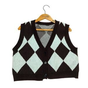 Vintage Y2K Cropped Sweater Vest Size M L Diamond Knit Mint Green Brown 2000s